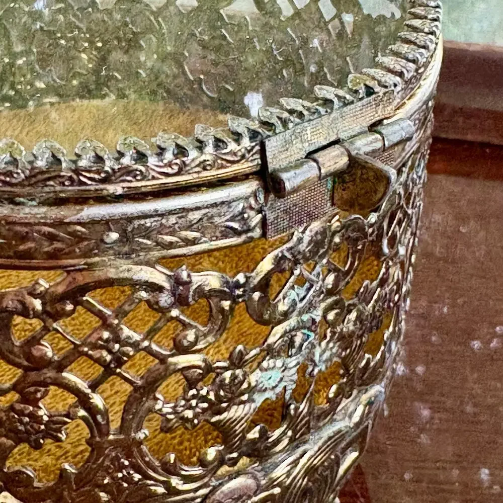 Vintage Gold Filigree Jewelry Casket Footed Trinket Box with Glass Lid